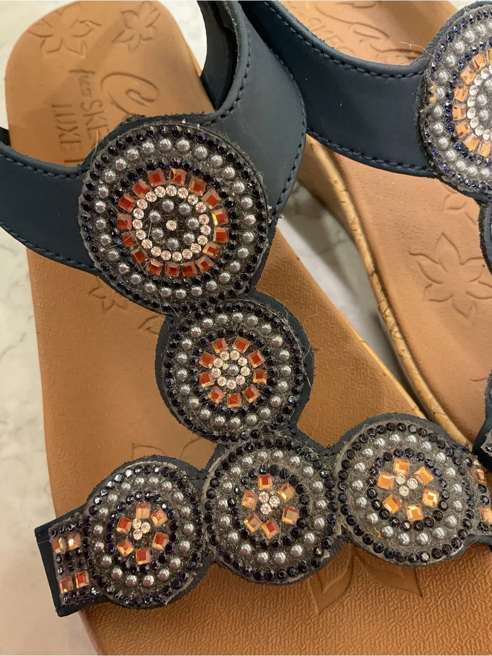 Skechers Black Beaded T-Strap Sandals with Tan Footbed